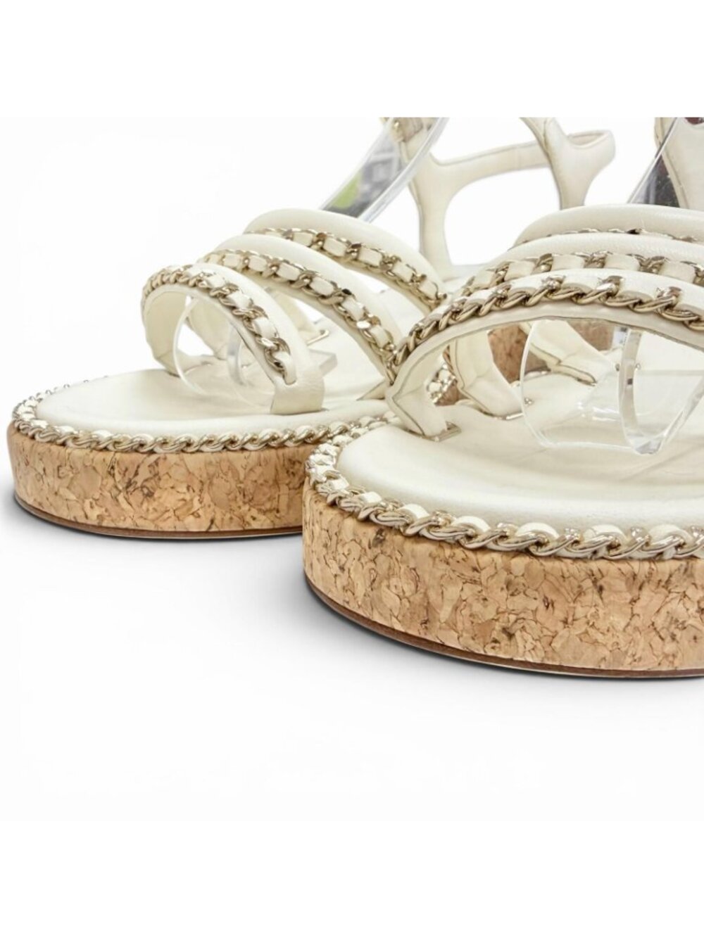 Chanel CC Logo Chain Strap Cork Sole Leather Sandals Ivory 38 Recommended - Picture 6 of 11